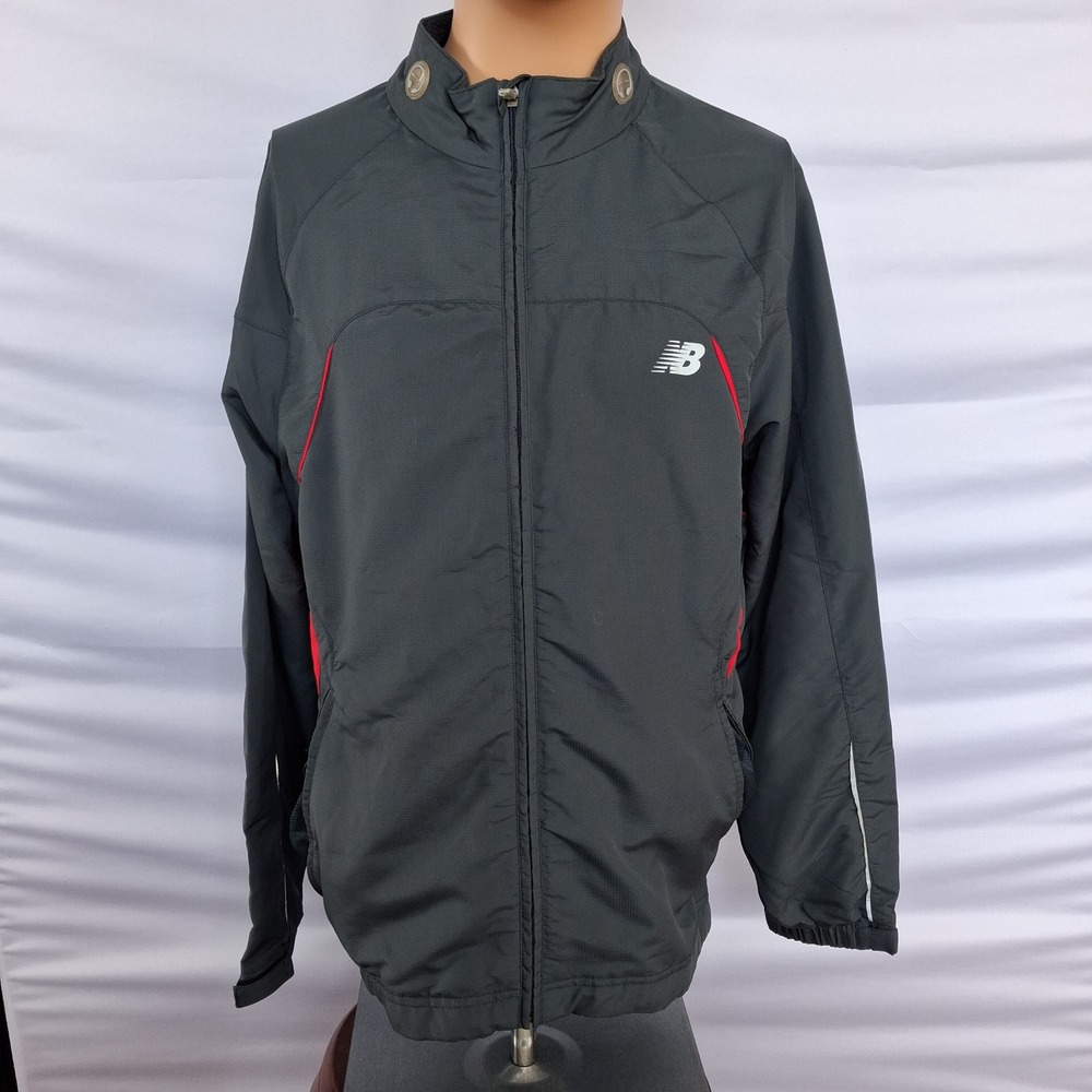 New Balance Mens Gray Red Full Zip Running Windbreaker Jacket Size M Reflective